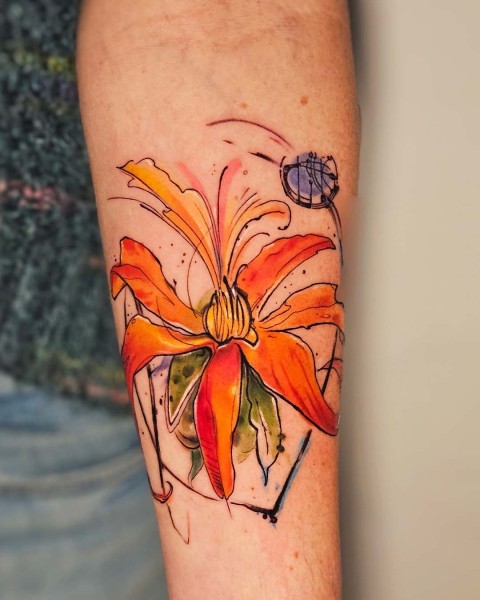 Watercolour orange lily tattoo with sketch linework by Klaudia at Silent Moon, our private tattoo studio in Bermondsey, South East London.