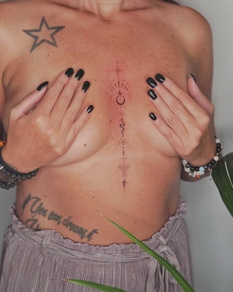 Fine line celestial sternum tattoo by Klaudia at Silent Moon, our private tattoo studio in Bermondsey, South East London.