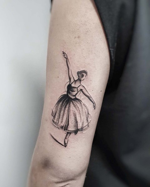 Fine line sketch ballerina tattoo by Klaudia at Silent Moon, our private tattoo studio in Bermondsey, South East London.