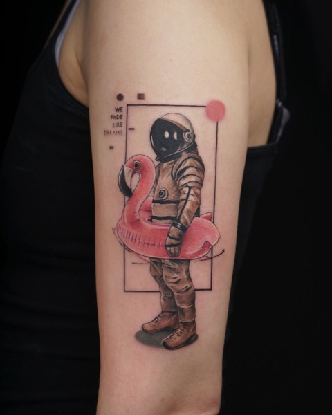 Micro-realism astronaut tattoo by Klaudia at Silent Moon, our private tattoo studio in Bermondsey, South East London.