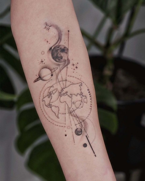 Micro-realism world map tattoo by Klaudia at Silent Moon, our private tattoo studio in Bermondsey, South East London.