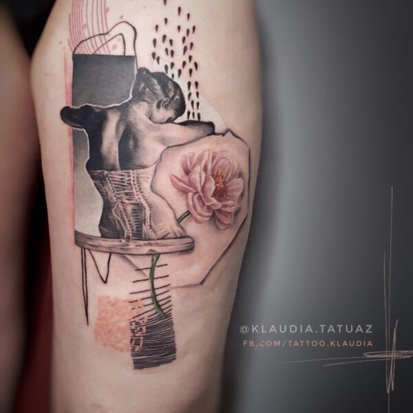 Abstract Realism Corset Figure Tattoo | Conceptual Art London Abstract realism conceptual tattoo on the thigh featuring a female figure in a corset (back view), a pink realism flower, and abstract graphic elements and dotwork. Custom conceptual piece tattooed at Silent Moon Tattoo Studio in London.