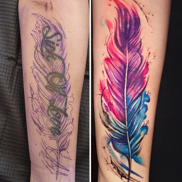 Before and After: Vibrant watercolor feather tattoo cover-up transforming a faded feather and script tattoo on the forearm. Abstract purple and blue colourwork tattooed at Silent Moon Tattoo Studio London UK