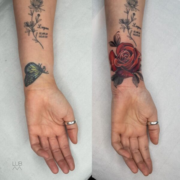 Before and After: Colour realism red rose cover-up tattoo transforming a small dark butterfly on the wrist. Floral memorial art tattooed at Silent Moon Tattoo Studio London UK.