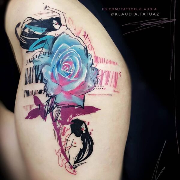 Abstract Blue Rose Tattoo | Watercolour & Illustrative Art | Silent Moon London Abstract realism blue and pink rose tattoo with stylized female figures and graphic black lines. Custom watercolour art tattooed at Silent Moon Tattoo Studio London UK.