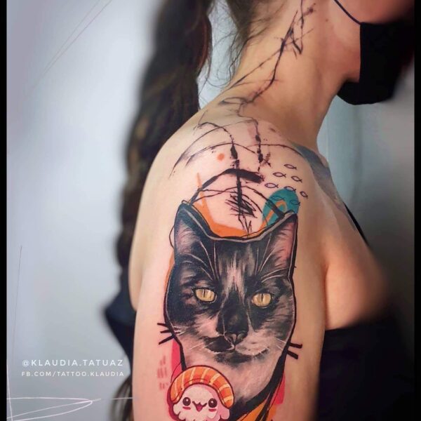 Neo-Traditional Cat Sushi Tattoo | Custom Pet Portrait | Silent Moon Tattoo Studio Colour cat portrait tattoo on shoulder in Neo-Traditional style with sushi art. Custom pet portrait tattooed at Silent Moon Tattoo Studio London UK