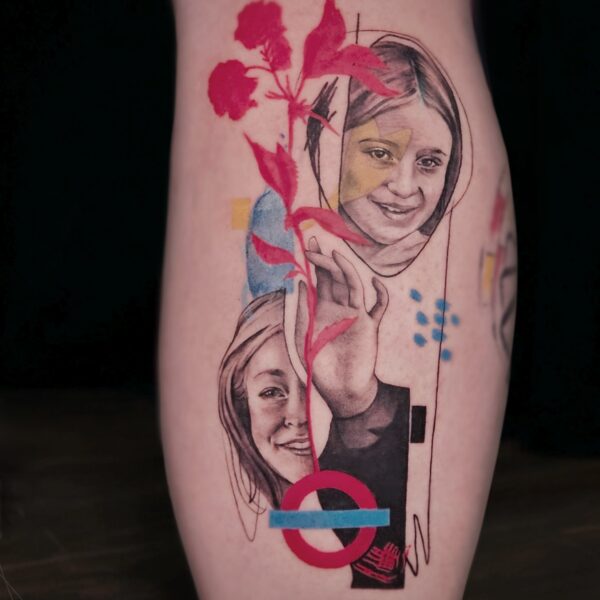 Abstract Portrait Tattoo with Red Floral and Geometric Elements | Silent Moon Tattoo Studio London Abstract portrait tattoo with red flowers and geometric shapes by tattoo artist at Silent Moon Tattoo Studio in London