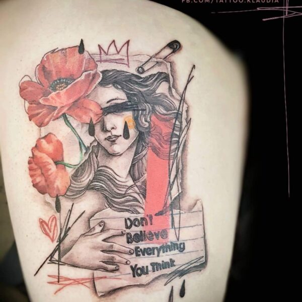 Abstract Portrait & Quote Tattoo | Red Poppies & Sketch Art | Silent Moon London Abstract realism portrait tattoo of a blindfolded woman holding a quote "Don't believe everything you think", with red poppy flowers and sketch lines. Custom quote art tattooed at Silent Moon Tattoo Studio London UK.