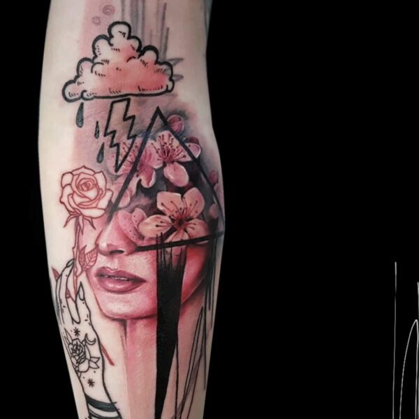 Surreal Portrait Tattoo | Abstract Flowers & Cloud | Silent Moon Tattoo Studio London Surreal realism woman's portrait tattoo with cherry blossoms, cloud, and graphic blackwork on arm. Abstract colour tattooed at Silent Moon Tattoo Studio London UK.