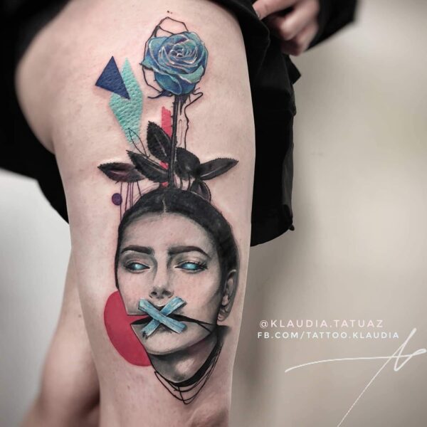 Abstract Blue Rose Portrait Tattoo | Geometric & Graphic Art | Silent Moon London Abstract realism portrait tattoo of a woman with a blue rose and tape over mouth. Geometric figure art tattooed at Silent Moon Tattoo Studio London UK.