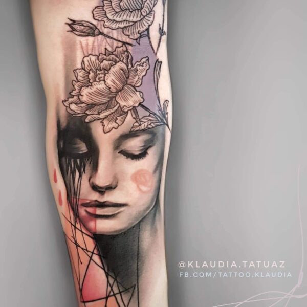 Abstract Realism Portrait Tattoo | Woman, Flowers & Graphic Art | Silent Moon London Abstract realism woman's face tattoo on arm with line work and flowers. Graphic portrait tattooed at Silent Moon Tattoo Studio London UK.