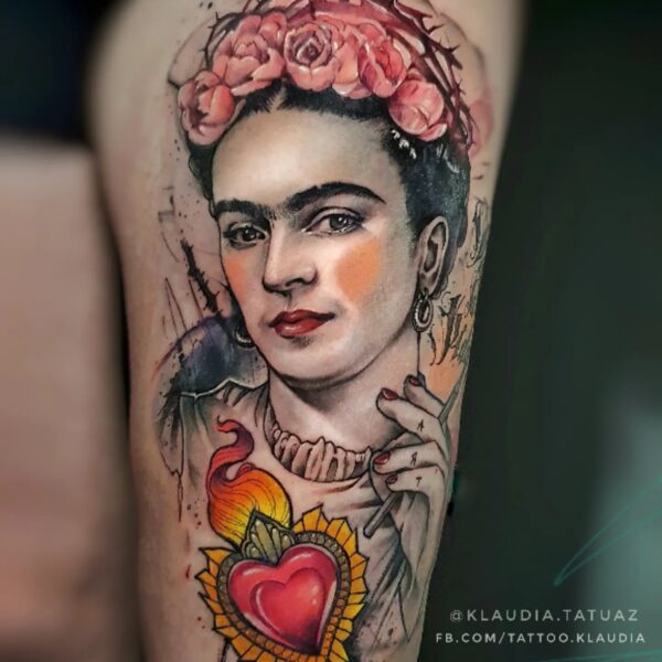 Colour Realism Portrait Tattoo with Floral Crown and Sacred Heart | Silent Moon Tattoo Studio London Colour realism portrait tattoo of woman with floral crown and sacred heart by tattoo artist at Silent Moon Tattoo Studio in London