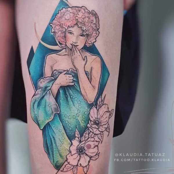 Colour Figure Tattoo | Neo-Traditional Illustration & Floral | Silent Moon Tattoo Studio London Colour Neo-Traditional female figure tattoo on thigh with pink flowers and diamond background. Custom illustration tattooed at Silent Moon Tattoo Studio London.