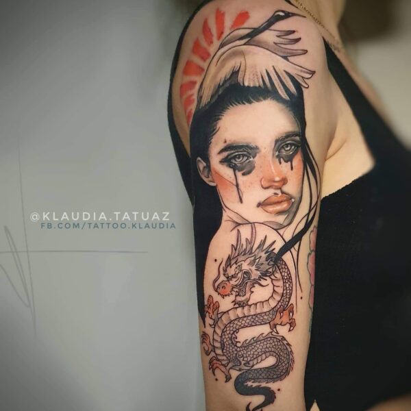 Neo-Traditional Portrait & Dragon Tattoo | Crane & Illustrative Art | Silent Moon London Neo-Traditional illustrative portrait tattoo of a woman with a crane and black dragon on the half sleeve. Custom figure art tattooed at Silent Moon Tattoo Studio London UK.