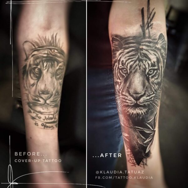 Black and Grey Realism Tiger Cover-Up Tattoo | Silent Moon Tattoo Studio London Cover-up tattoo London: dramatic black and grey realism tiger portrait on an arm, covering old ink. Expert coverup work by Silent Moon Tattoo Studio, located near Bermondsey and Canada Water, UK.